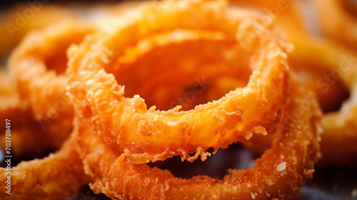 Extreme close-up of fried onion rings. Food photography