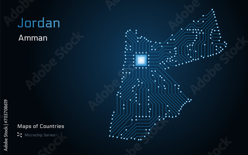 Jordan Map with a capital of Amman Shown in a Blue Glowing Microchip Pattern. E-government. World Countries vector maps. Microchip Series 