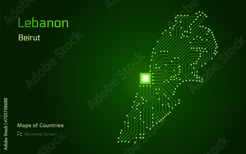 Lebanon Map with a capital of Beirut Shown in a Green Glowing Microchip Pattern. E-government. World Countries vector maps. Microchip Series 