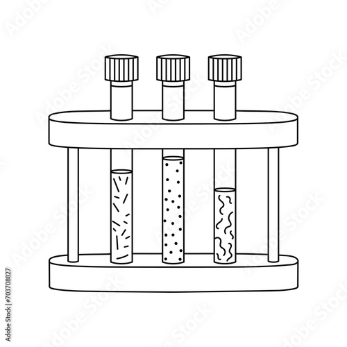 Test tube stand with test tubes with caps. Olutline icon. Line vector illustration