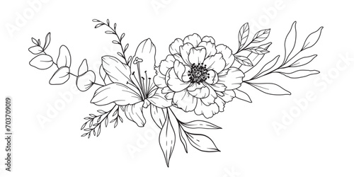 Peony Line Drawing. Black and white Floral Bouquets. Flower Coloring Page. Floral Line Art. Fine Line Peony illustration. Hand Drawn flowers. Botanical Coloring. Wedding invitation flowers