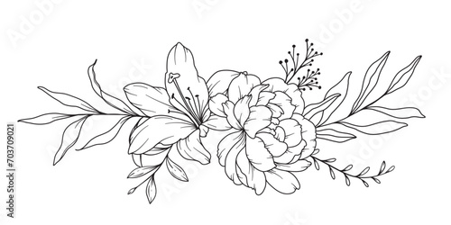 Peony Line Drawing. Black and white Floral Bouquets. Flower Coloring Page. Floral Line Art. Fine Line Peony illustration. Hand Drawn flowers. Botanical Coloring. Wedding invitation flowers