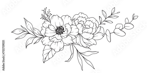 Peony Line Drawing. Black and white Floral Bouquets. Flower Coloring Page. Floral Line Art. Fine Line Peony illustration. Hand Drawn flowers. Botanical Coloring. Wedding invitation flowers