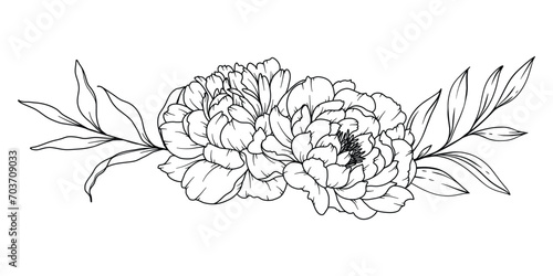 Peony Line Drawing. Black and white Floral Bouquets. Flower Coloring Page. Floral Line Art. Fine Line Peony illustration. Hand Drawn flowers. Botanical Coloring. Wedding invitation flowers