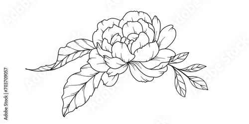 Peony Line Drawing. Black and white Floral Bouquets. Flower Coloring Page. Floral Line Art. Fine Line Peony illustration. Hand Drawn flowers. Botanical Coloring. Wedding invitation flowers
