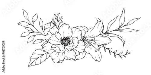 Peony Line Drawing. Black and white Floral Bouquets. Flower Coloring Page. Floral Line Art. Fine Line Peony illustration. Hand Drawn flowers. Botanical Coloring. Wedding invitation flowers
