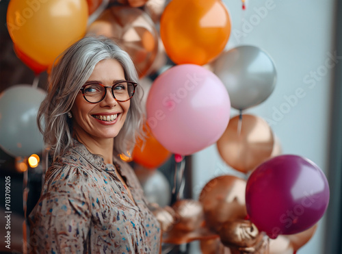 Cheerful Elderly Woman in Stylish Outfit with Balloons at a Nerds Gathering © Debi Kurnia Putra