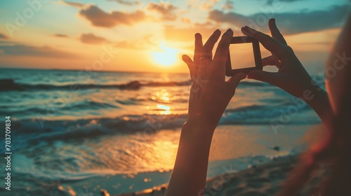 Travel planning concept, Close up of tourist woman hands making frame gesture on the sea beach with sunset, Female capturing the sunrise