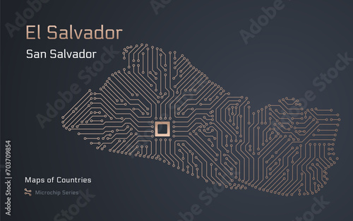 El Salvador Map with a capital of San Salvador Shown in a Microchip Pattern. E-government. World Countries vector maps. Microchip Series 