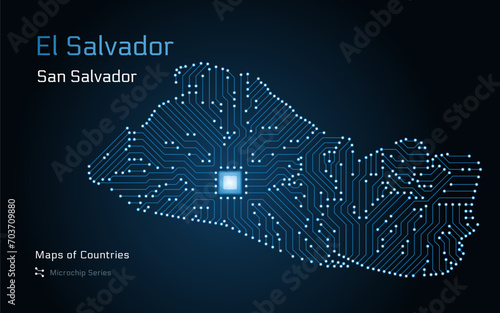 El Salvador Map with a capital of San Salvador Shown in a Blue Glowing Microchip Pattern. E-government. World Countries vector maps. Microchip Series	