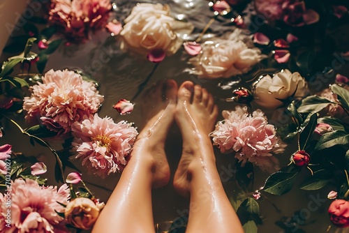 Womans legs in a bath full of peonies roses and petals floating in the water, spa day
