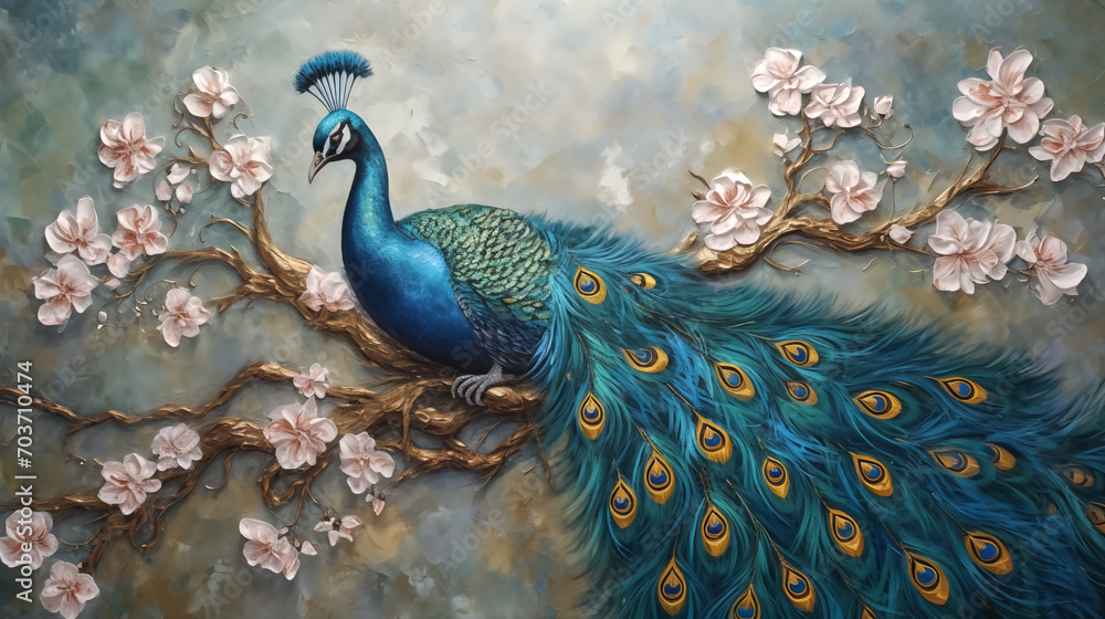 Fototapeta premium 2d texture of colorful peacock, 3d wallpaper for Interior painti