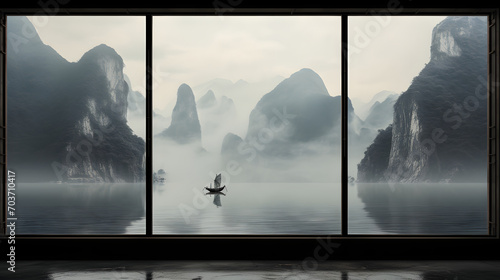 three gorges, view from the wooden window	 photo