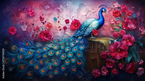 2d texture of colorful peacock, 3d wallpaper for Interior painti