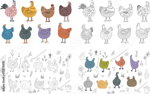 Set of hand drawn doodle hen, rooster, chicken, hen, egg, garden tools.