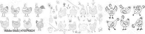 Set of hand drawn doodle hen, rooster, chicken, hen, egg, garden tools. photo