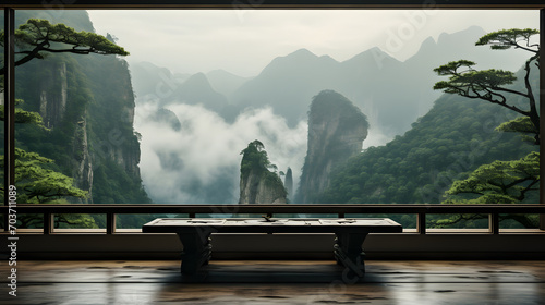 view of moutains, from a wooden window  © Yi_Studio