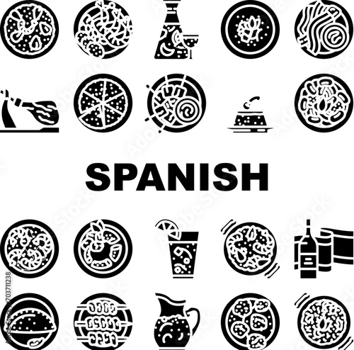 spanish cuisine food spain paella icons set vector. dish mediterranean, tortilla onion, omelet table, mussel gourmet, olive, traditional spanish cuisine food spain paella glyph pictogram Illustrations