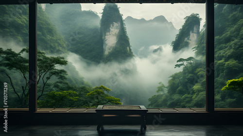 view of moutains, from a wooden window  © Yi_Studio