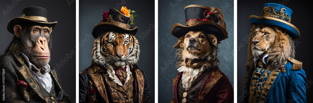 animals, lion , tiger, dog, chimpanzee with a aristocratic suit and hat. Profile view. artist collection for decoration and interior. 4 piece canvas art, wall art, poster, home decor - obrazy, fototapety, plakaty 