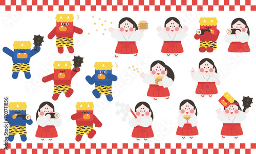 節分の鬼とおかめさんのかわいいキャラクターセット