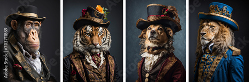 animals, lion , tiger, dog, chimpanzee with a aristocratic suit and hat. Profile view. artist collection for decoration and interior. 4 piece canvas art, wall art, poster, home decor photo