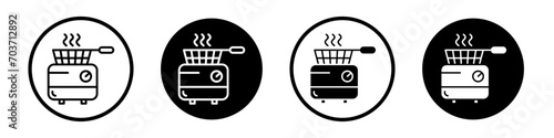 Restaurant deep fryer icon set. Electric basket with oil to fry chips vector symbol in a black filled and outlined style. clean deep fryer.