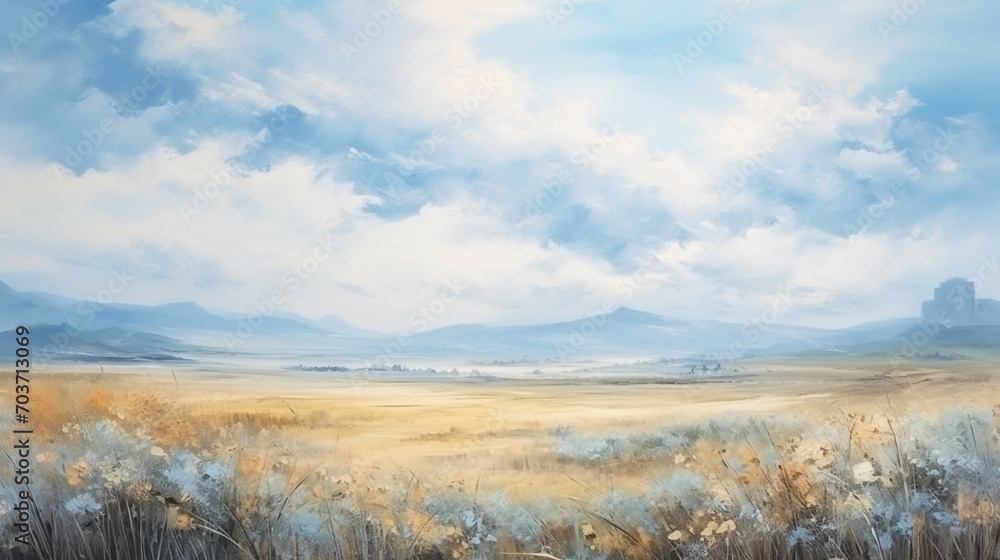 The oil painting of a landscape with clouds and sky. The oil painting of a landscape with clouds and sky.