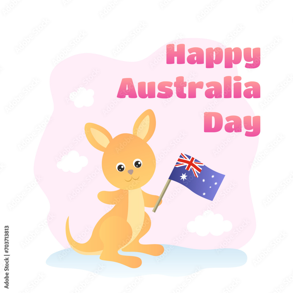 Happy Australia Day. Funny cute kangaroo is holding an Australian flag. Greeting card, banner. Vector illustration of cartoon animal. Children's simple style. Happy Australia Day. Funny cute kangaroo is holding an Australian flag. Greeting card, banner. Vector illustration of cartoon animal. Children's simple style.