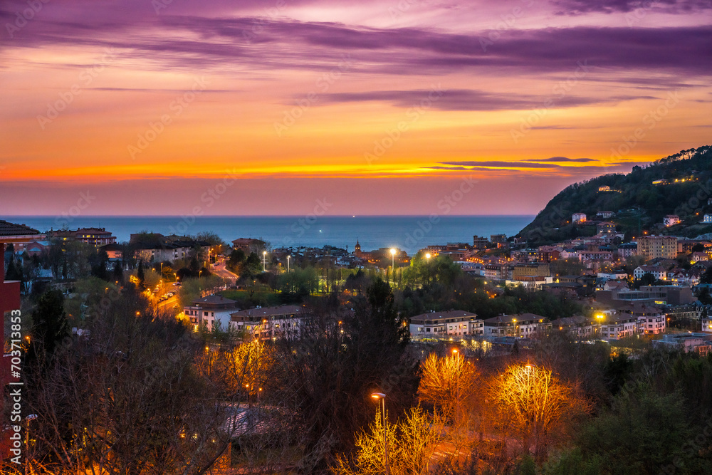 Sunset in Donostia San Sebastian from the Intxaurrondo neighborhood and the sea in the background. Basque Country