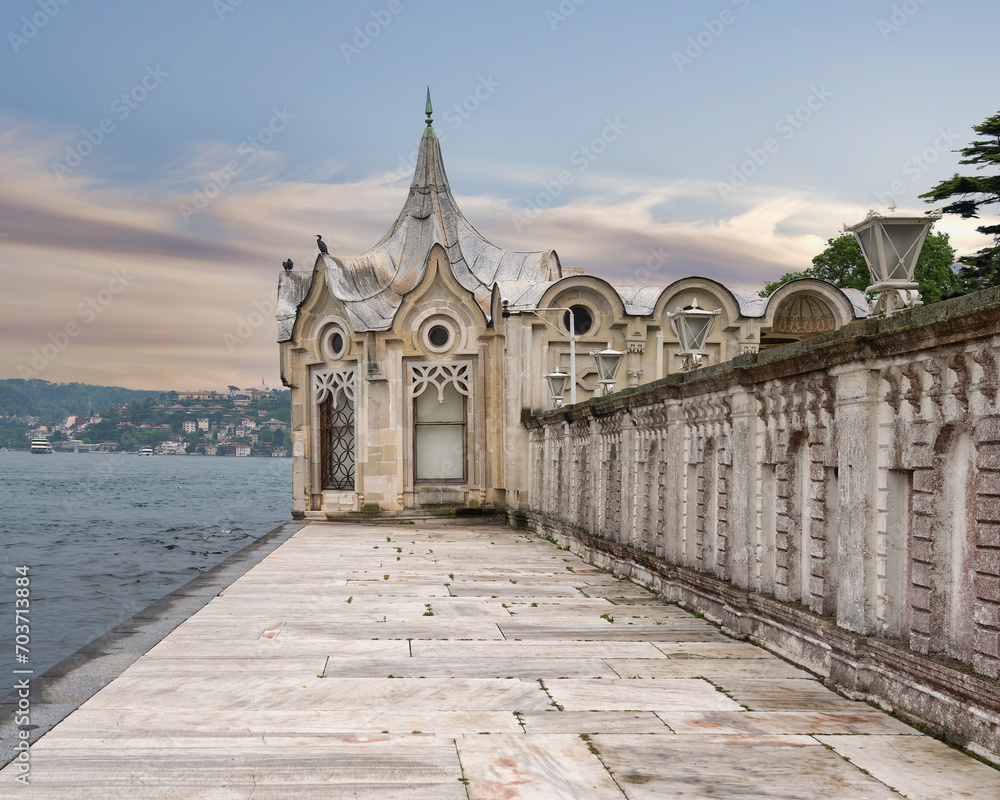 External passage by the Bosphorus strait infront of Beylerbeyi Palace leading to the charming Ottoman Sea Kiosk, aka Tent Kiosk, bathed in the golden rays of the setting sun