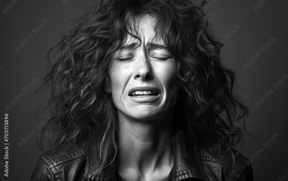 Mid-aged woman is crying, black and white photo