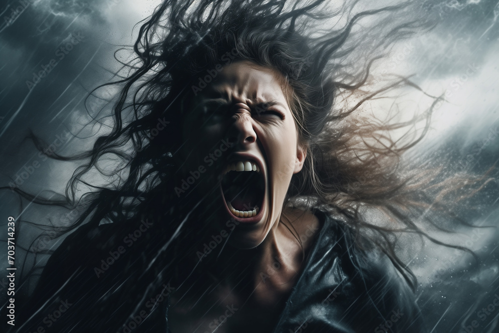 Woman Screaming Amidst Stormy Clouds, Capturing the Intensity of Stress and Inner Turmoil. Ai generated