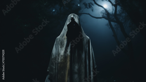 Forest Ghost, Cinematic Night Shot Captures Ghostly Figure in Enigmatic Forest, Face Shrouded in Total Darkness. Ai generated photo
