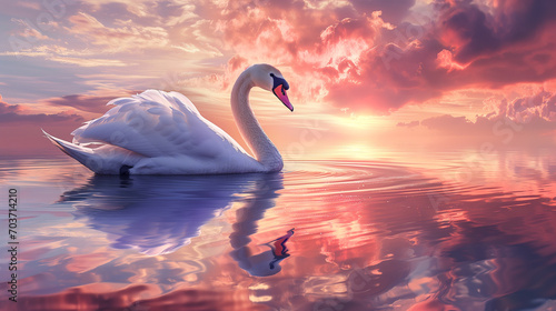 Graceful swan reflection on a lake  gracefully drifting on a calm water  vibrant pink and purple hues from the setting sun. Ai generated