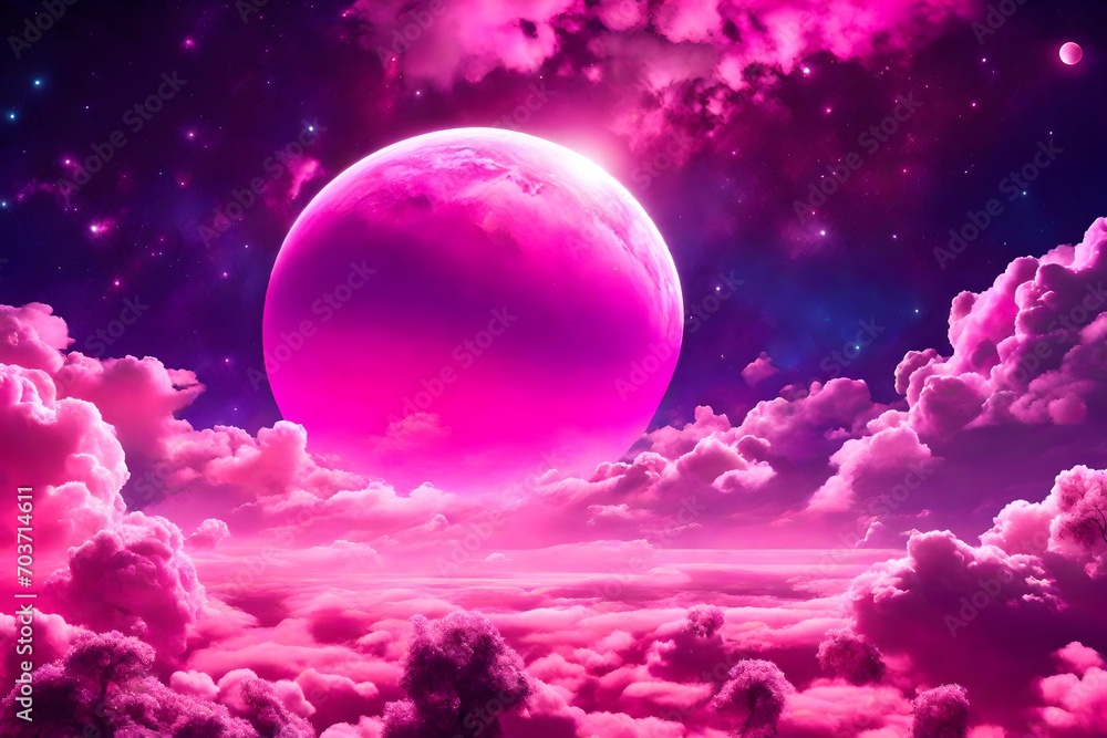 a beautiful cosmic landscape with a pink planet in pink clouds. Pink doll planet. Pink puppet style, in outer space, pink doll universe
