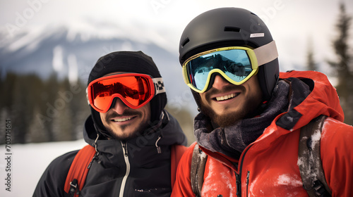 young man and friend Take their vacation. By going out and snow skiing.