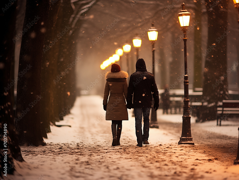 A couple walks down the street in winter evening, view from the back A couple walks down the street in winter evening, view from the back