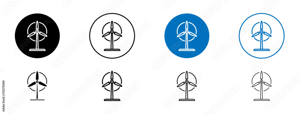 Wind energy line icon set. Renewable turbine symbol in black and blue color.