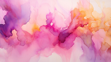 Watercolor background. Purple magenta pink peach coral orange yellow beige white watercolor
