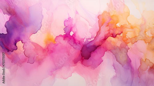 Watercolor background. Purple magenta pink peach coral orange yellow beige white watercolor