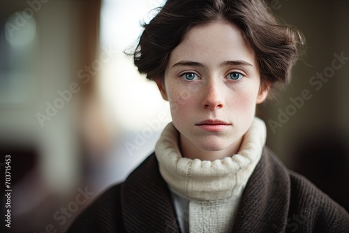 A portrait of a low-spirited young woman with freckles, showcasing a fragile and transparent beauty.