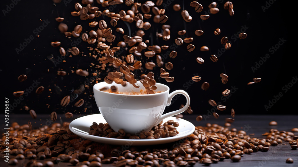 Coffee beans and coffee powder Fly out of a white cup Coffee beans and coffee powder Fly out of a white cup