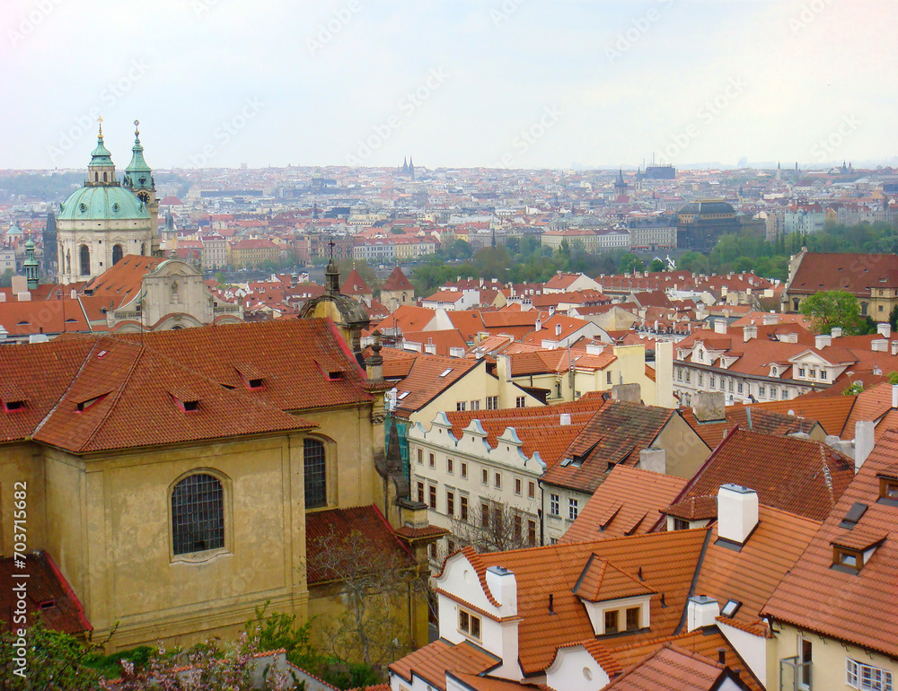 View of the city on a spring day. Top view. Prague. Czech republic.