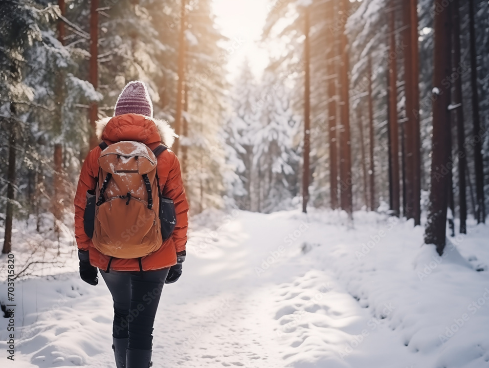 Fototapeta premium Woman in winter warm jacket with fur and backpack walking in snowy winter pine forest, view from the back