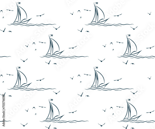 The seamless background with sailboat in the sea and birds.