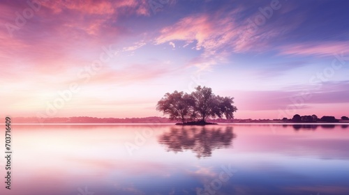 A solitary tree stands on a small island, reflecting on the glassy surface of a lake under a mesmerizing purple sunset sky. © logonv