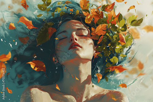 An illustration of a person enveloped in a gentle breeze with leaves and petals, symbolizing the aspiration for freedom and natural connection.