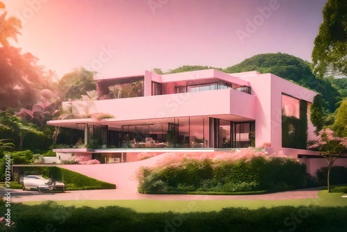 futuristic luxury light pink house surrounded by lush greenery beautiful