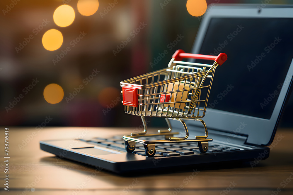 Online store. Laptop, small shopping cart